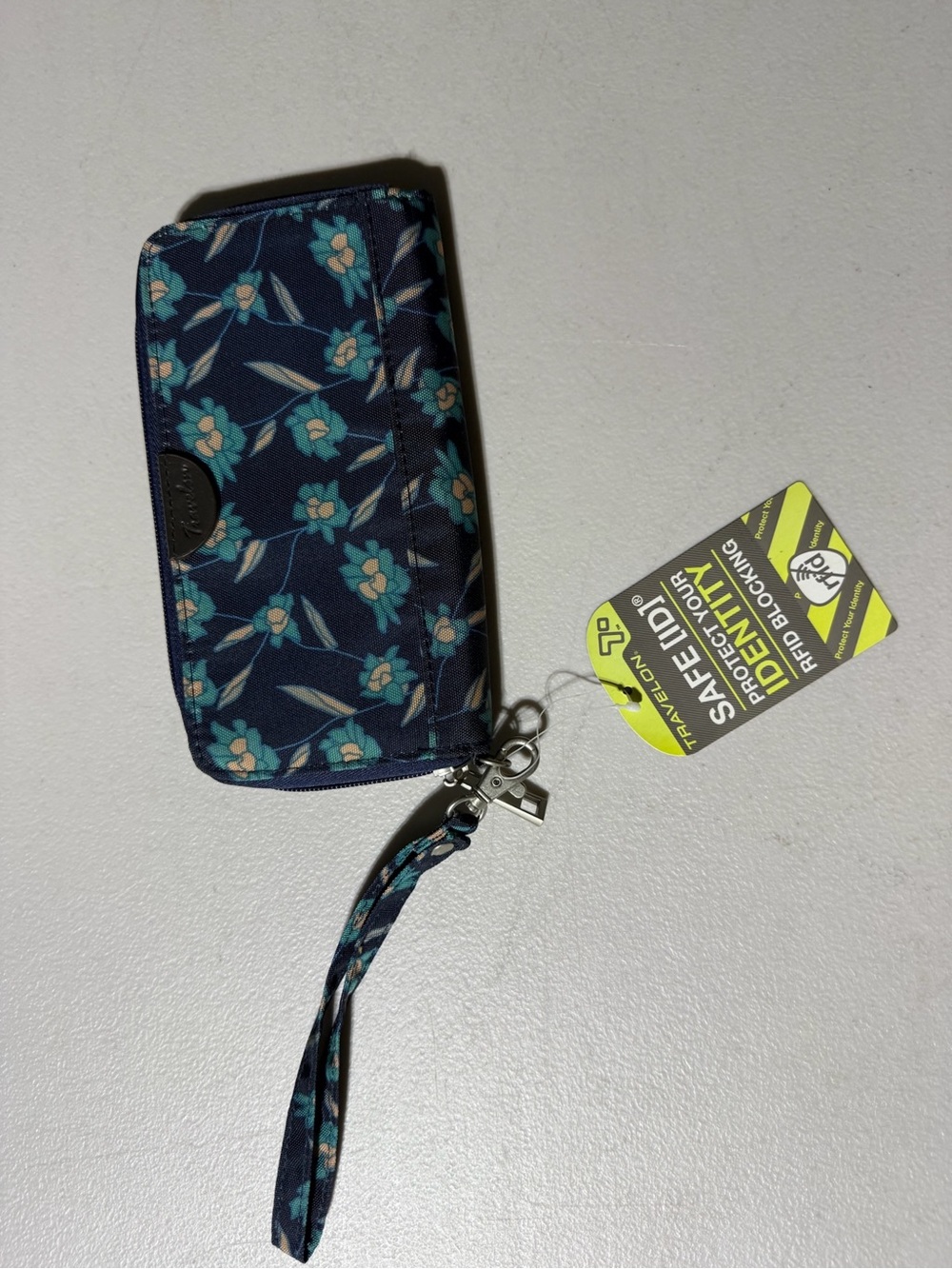 Travelon Navy Floral RFID Wristlet with Teal Blossom Print